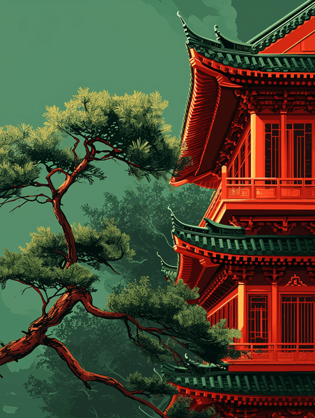创意中国手绘庭院建筑古风古院的绿色复古插画5
