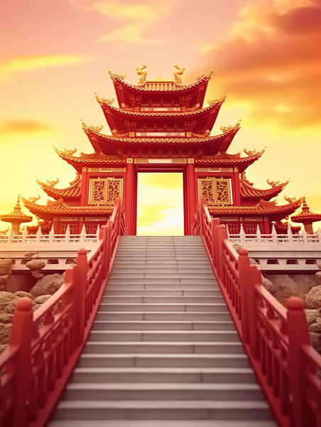 创意楼梯中国建筑中国风建筑亭台楼阁插画