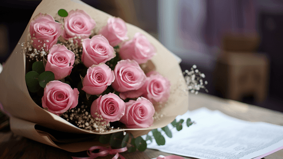 创意情人节一束粉色的玫瑰花背景摄影照片