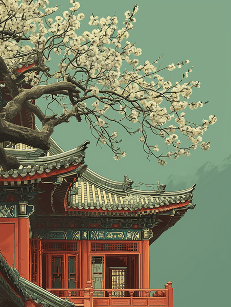 创意中国风古典建筑风景插画13中式意境庭院