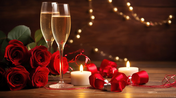 创意红色玫瑰和香槟庆祝情人节烛光晚餐