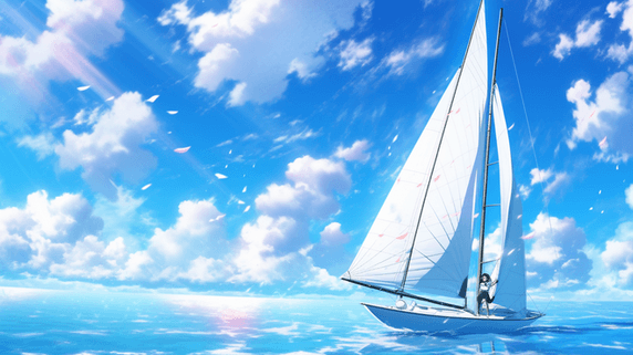 航海励志大海创意手绘蓝天白云下海上帆船的插画8