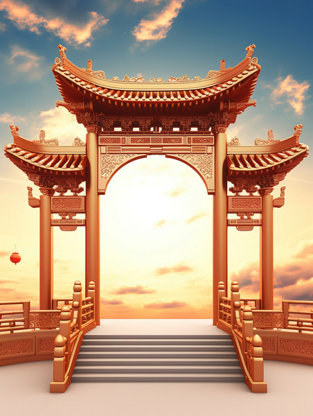 创意美丽的拱门古建筑国潮中国风大门春节年货节背景