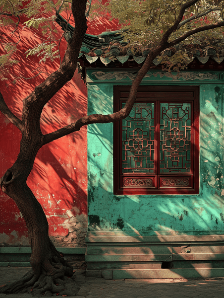创意中国风古典建筑风景插画25中式意境庭院