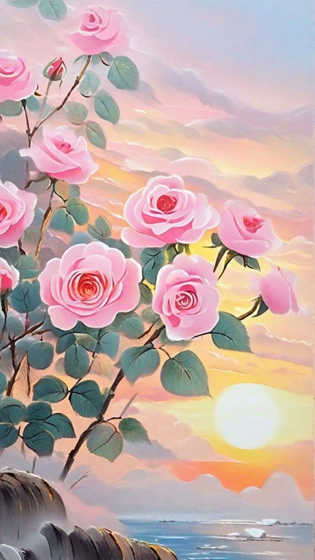 创意油画质感情人节粉色玫瑰插画浪漫文艺素材