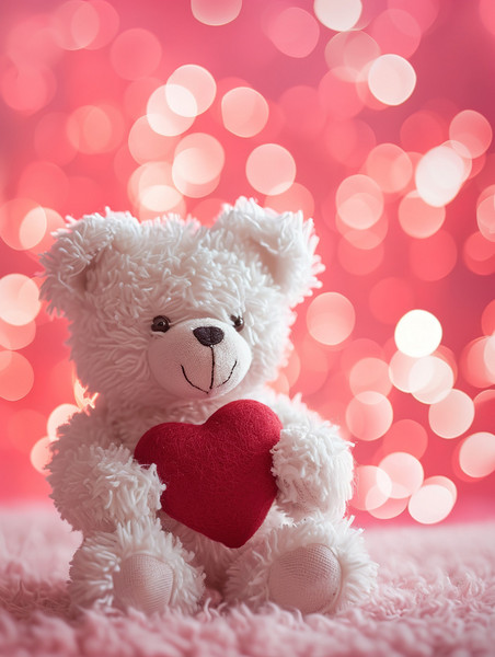 创意白色毛绒小熊抱着爱心情人节玩偶背景