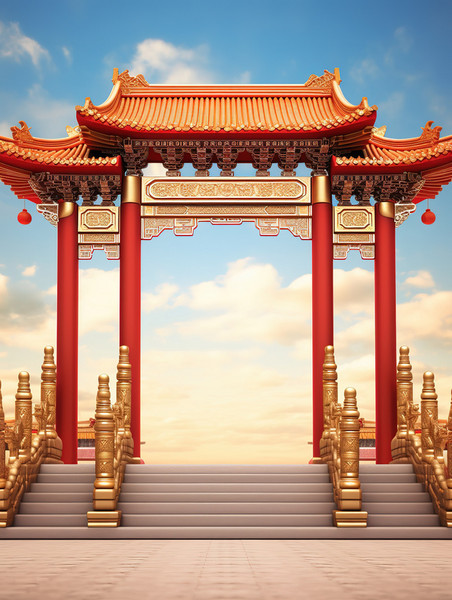 创意美丽的拱门古建筑国潮中国风大门春节年货节背景