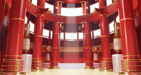 创意红色国风年货节3D中式门廊大气欧式穹顶建筑背景