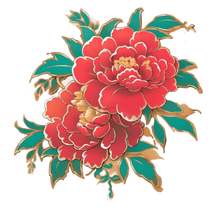 创意鎏金国潮金线描边植物红牡丹花水彩画新年春节元素