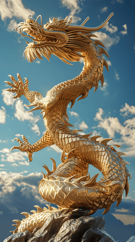 创意龙年立体金色的龙天空插画神兽