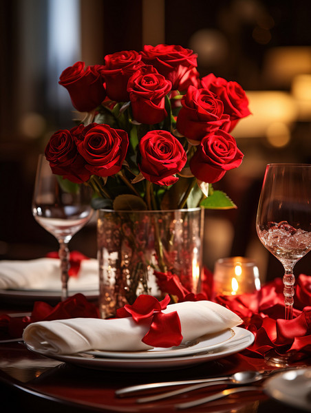 创意情人节餐厅布置玫瑰花浪漫约会背景