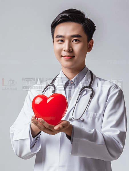 创意男医生手里拿着红色的心的人像背景