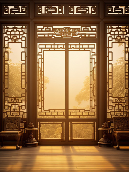 中国风意境门窗剪影光影传统建筑插画