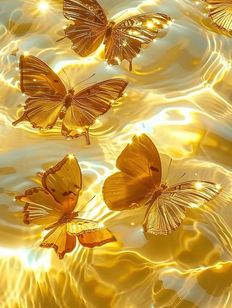 创意水面上闪闪发光橙色的蝴蝶浪漫壁纸