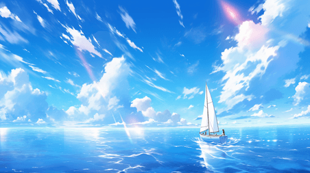 创意手绘蓝天白云下海上帆船的航海励志大海宫崎骏插画9