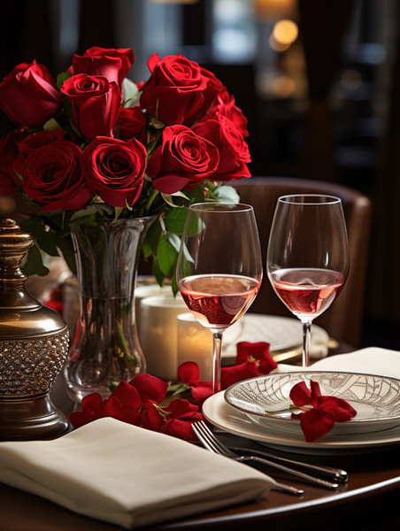 创意情人节餐厅布置玫瑰花浪漫约会背景素材