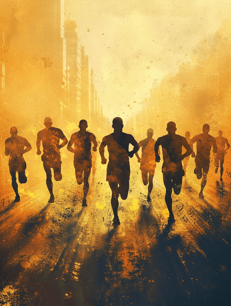 创意城市马拉松跑步者剪影奔跑夕阳黄色背景
