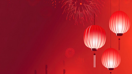 创意红色中国灯笼和烟花春节背景图