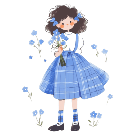 创意可爱女孩花卉卡通春天手绘蓝色水彩人物儿童元素