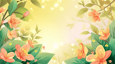 创意简约清新阳光树枝花朵的春天小草小花背景插画24
