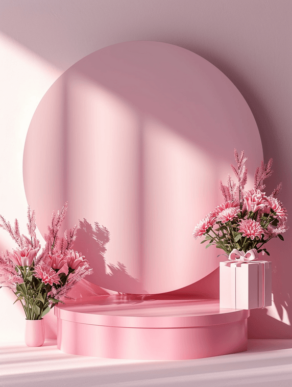 创意情人节产品展台粉色鲜花情人节花朵植物背景
