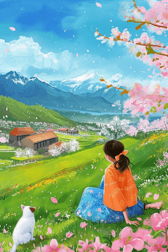 创意春天风景女孩山上画画唯美插画休闲度假露营