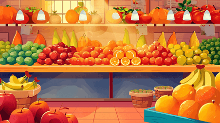创意手绘超市货架水果店各式各样水果场景插画6
