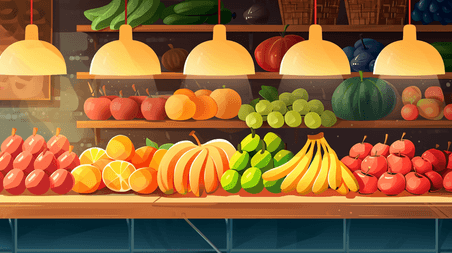 创意手绘水果店超市货架各式各样水果场景插画9