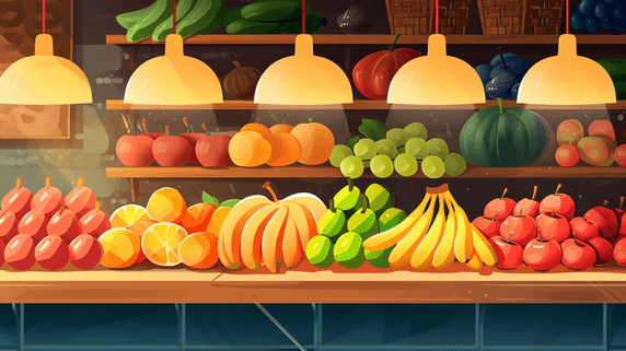 创意手绘水果店超市货架各式各样水果场景插画9