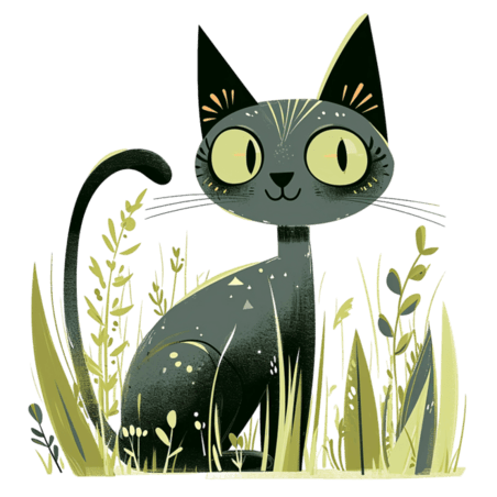 创意扁平黑色春天可爱小猫绿植手绘元素卡通
