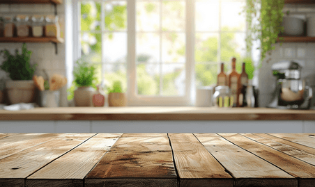 创意模糊窗户木质展台厨房桌面空场景电商产品摄影