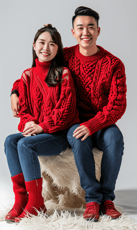 创意情侣春节新年红色毛衣拜年亚洲人像摄影
