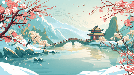 创意手绘彩色春天国潮中国风山水春季山水树枝插画10