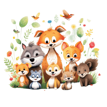 创意AICG丛林伙伴元素小动物绘本可爱童话免抠图案