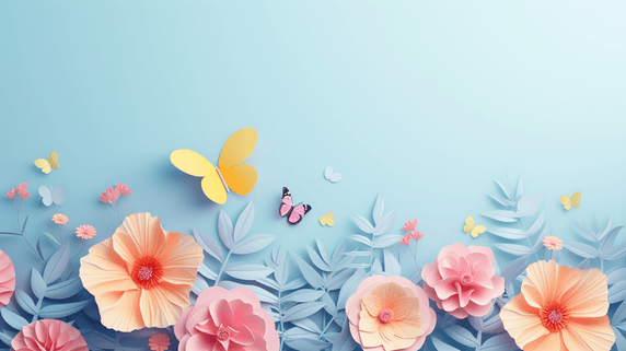 创意简约粉蓝色场景平铺花朵花瓣的春天剪纸蝴蝶背景图7