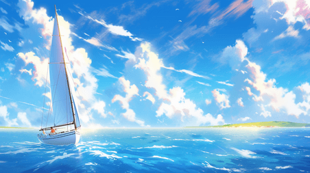 创意手绘蓝天白云下海上帆船的插画5