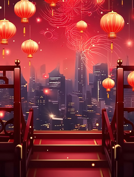 创意灯笼和烟花新年喜庆元宵节背景跨年除夕插画