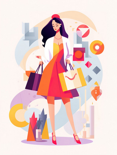 创意女性在买化妆品和衣服妇女节购物粉色扁平插图