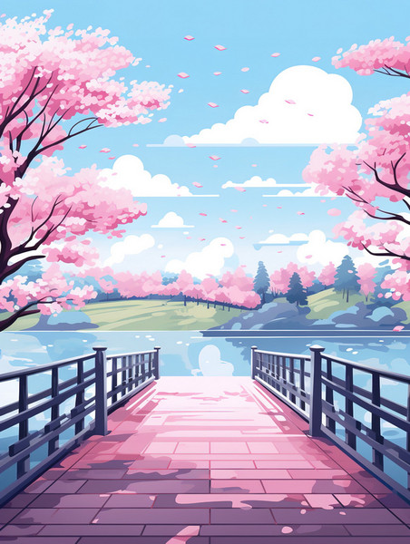 创意公园两侧樱花树盛开春季漫画浪漫唯美插图