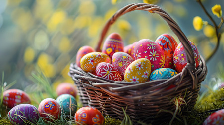 梦幻文艺创意草地上篮子的彩蛋复活节设计图