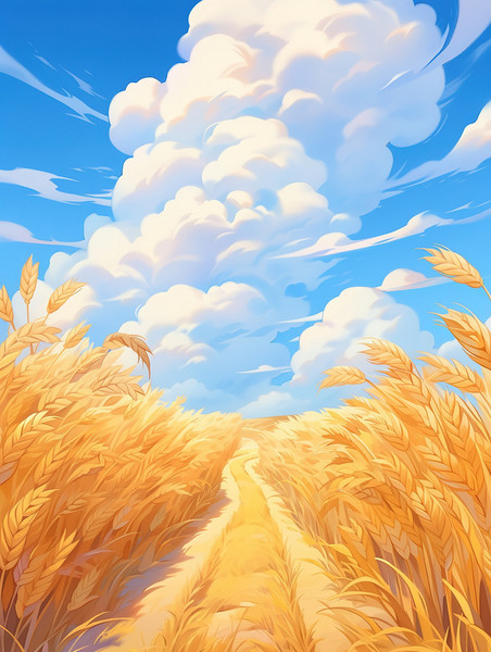 创意蓝天白云的映衬金色的麦浪麦田丰收素材