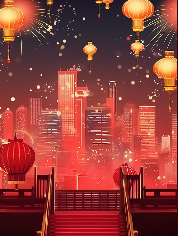 创意灯笼和烟花新年喜庆跨年除夕元宵节背景插画
