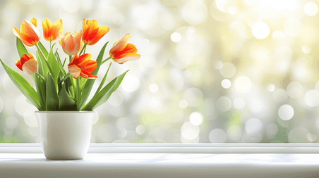 创意简约春天春季花朵植物郁金香唯美白色花瓶里插花的背景10