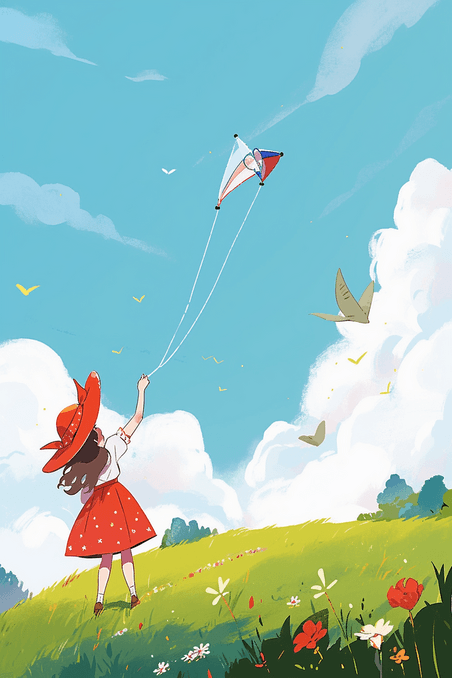 创意春天可爱女孩园游玩纸鸢插画手绘放风筝插画