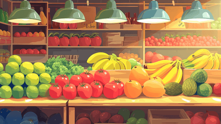 创意超市货架手绘水果店各式各样水果场景插画02