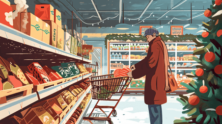 创意漫画二次元购物节日里超市采购的人