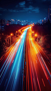 车流量创意灯光汽车夜间快速运动光束光线行驶城市车灯