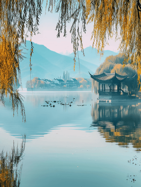 创意中国的西湖风景江南水乡春天柳树旅游