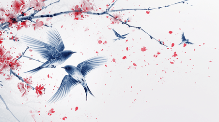 中国风创意春天手绘桃树枝上燕子飞舞的插画2