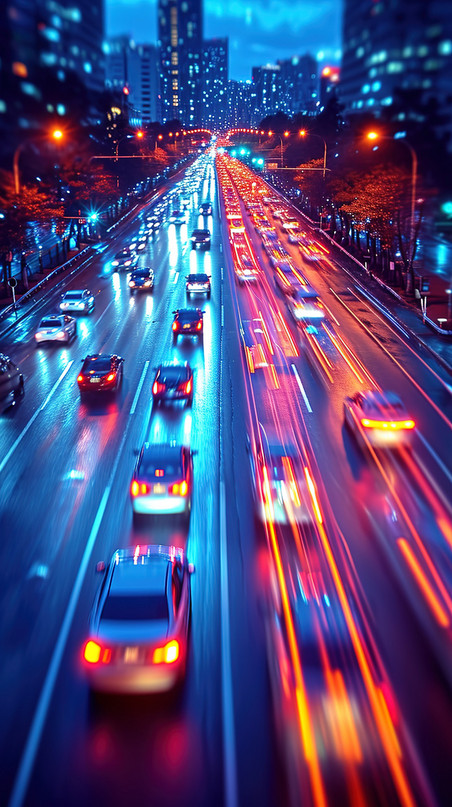 光束光线行驶城市车灯灯光汽车夜间快速运动车流量